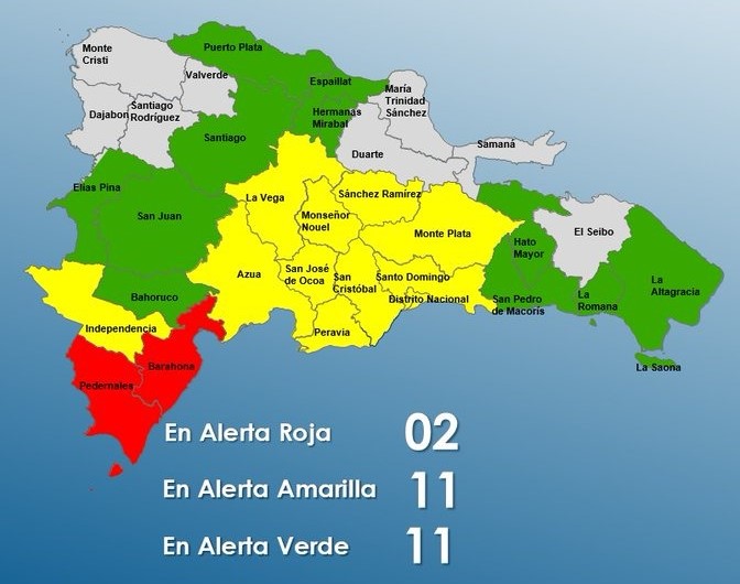 COE aumenta a 10 provincias y al DN en alerta amarilla; mantiene 2 en roja y 11 en verde