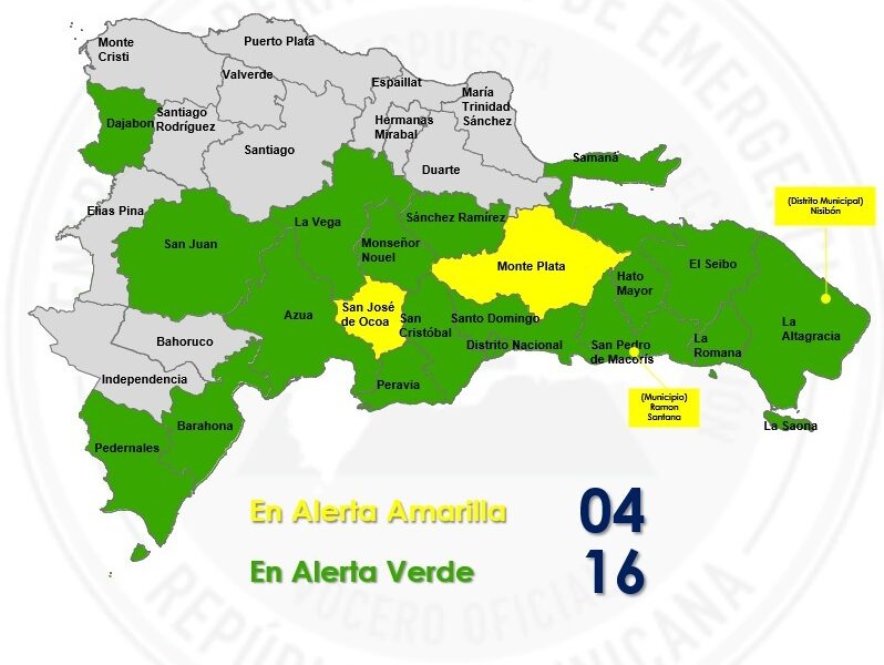 Indomet mantiene 4 provincias en alerta amarilla y 16 en verde
